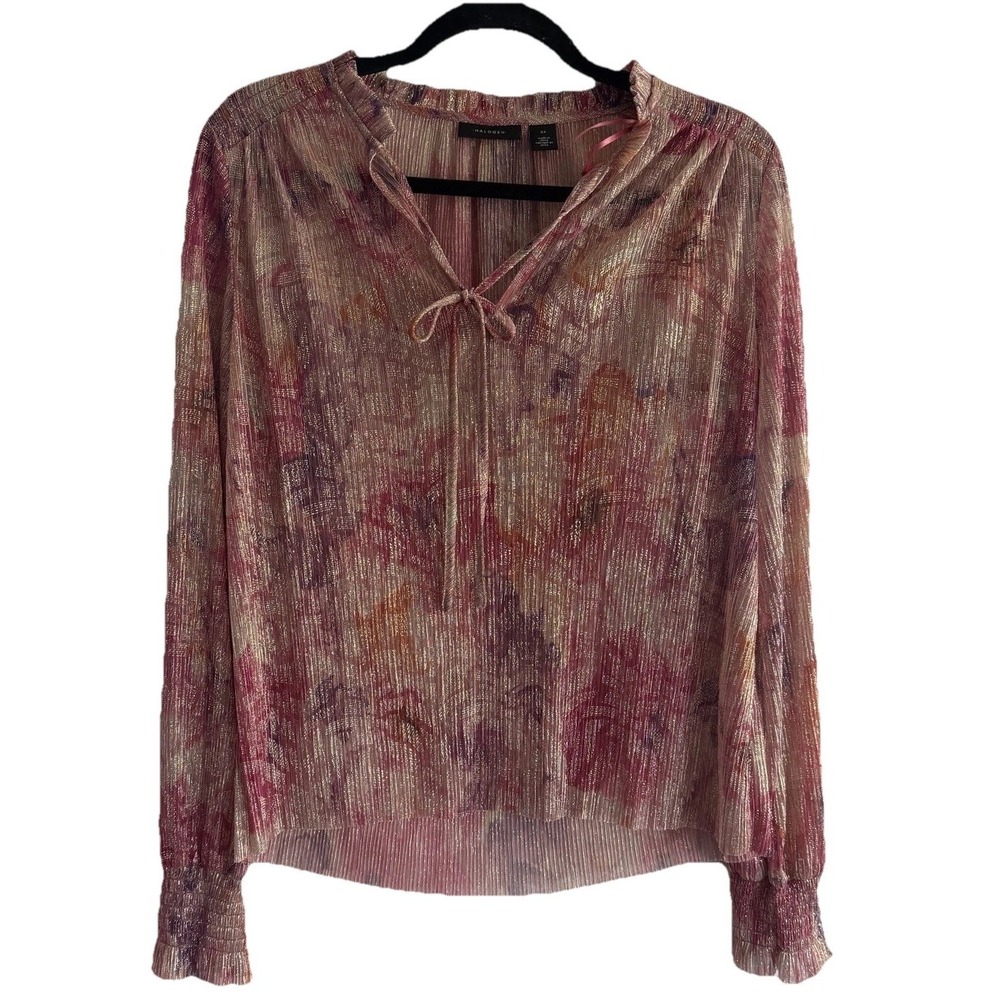 Halogen Women's  Sheer Metallic‎ Gold Top Sz XS Long Sleeve Pink And Purple